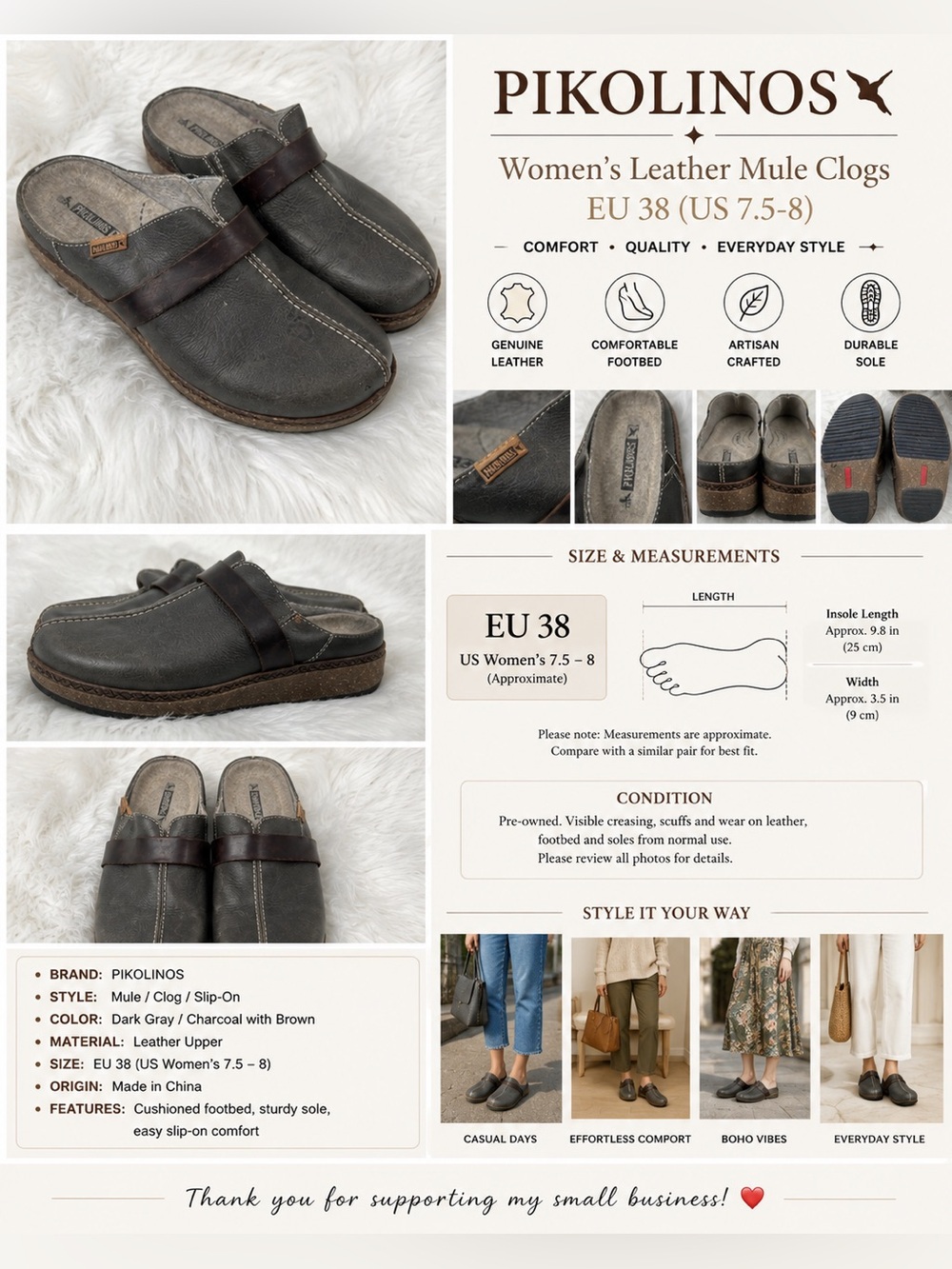 Pikolinos Women’s Leather Mule Clogs EU 38 US 7.5-8 Gray Brown Comfort Shoes